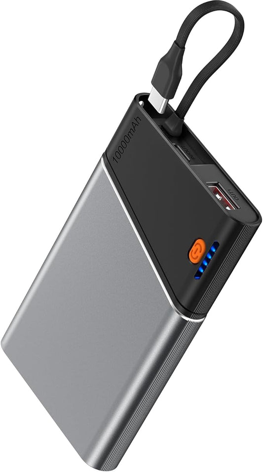 Portable Charger Power Bank, 10000mAh 22.5W PD Fast Charging Powerbank with Built-in USB C Cable, Slim External Phone Battery Pack for iPhone 17/16/15 Samsung S24 Android etc (Grey)