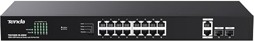 Tenda 20 Port Gigabit PoE Switch | Rackmount PoE Ethernet Switch | 16*PoE+ Port & 2*Gigabit Uplink & 2*SFP Slot | Up to 250W | Smart Power Management | One-Key VLAN / Priority / Extend Mode (TEG1120P)