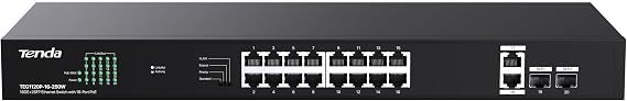 Tenda 20 Port Gigabit PoE Switch | Rackmount PoE Ethernet Switch | 16*PoE+ Port & 2*Gigabit Uplink & 2*SFP Slot | Up to 250W | Smart Power Management | One-Key VLAN / Priority / Extend Mode (TEG1120P)