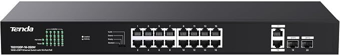 Tenda 20 Port Gigabit PoE Switch | Rackmount PoE Ethernet Switch | 16*PoE+ Port & 2*Gigabit Uplink & 2*SFP Slot | Up to 250W | Smart Power Management | One-Key VLAN / Priority / Extend Mode (TEG1120P)
