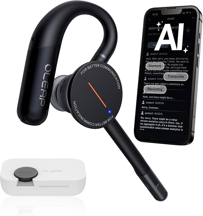 Archer AI Voice Recorder Earpiece, Wireless Single Ear Bluetooth Headset, Meeting Assistant with Transcription, AI Noise Canceling 50dB, AI Transcribe & Summarize with App for Office/Meeting/Driving