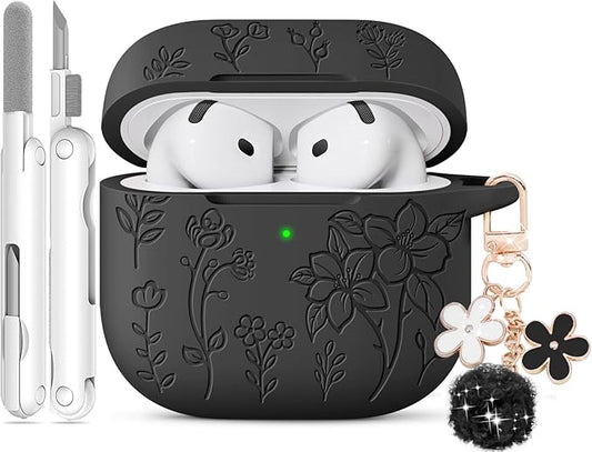 for AirPods 4 Case, Soft Silicone Flower Engraved Airpod 4 Cases with Qute Keychain & Cleaning Kit, Compatible with AirPods 4th Generation 2024 Cover for Women Girly, Anti-Scratch, Shockproof