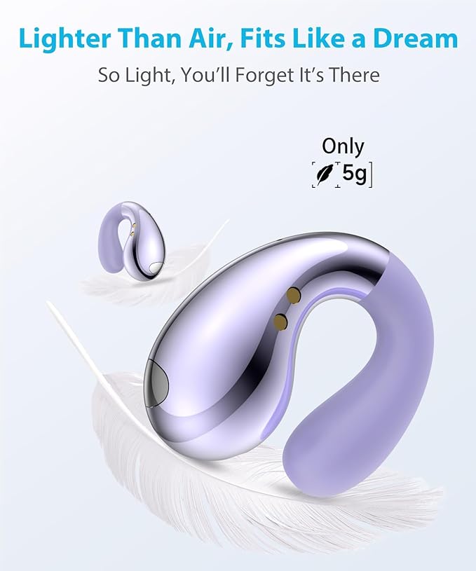 Ultra Open Ear Earbuds - Comfortable Clip-On Bone Conduction Earbuds, Over-The-Ear Open Headphones with Waterproof Build for Running, Gym Workouts, and Outdoor Sports, Purple