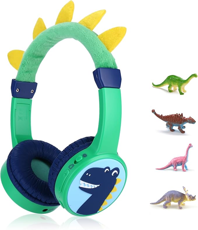 Dinosaur Wireless Headphones for Kids, Bluetooth Kids Headphones with Safe Volume 85dB, 3.5mm Wired Cable, Toddlers Boys Headset for iPad Tablet Home Travel