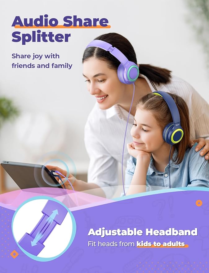 iClever 2Pack Kids Headphones with Sharing Splitter - 85dBA Safe Volume Limited - HS22 Wired Headphones for Kids Teens, Tangle-Free 3.5mm Jack Foldable Stereo Headphone for School/Tablet/Travel