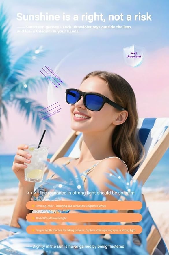 AI Translator Glasses - 2025 Smart Glasses with Slidable Color-Changing Lenses, Hands-Free Open-Ear Audio, Voice Assistant & UV Protection-RED Lenses