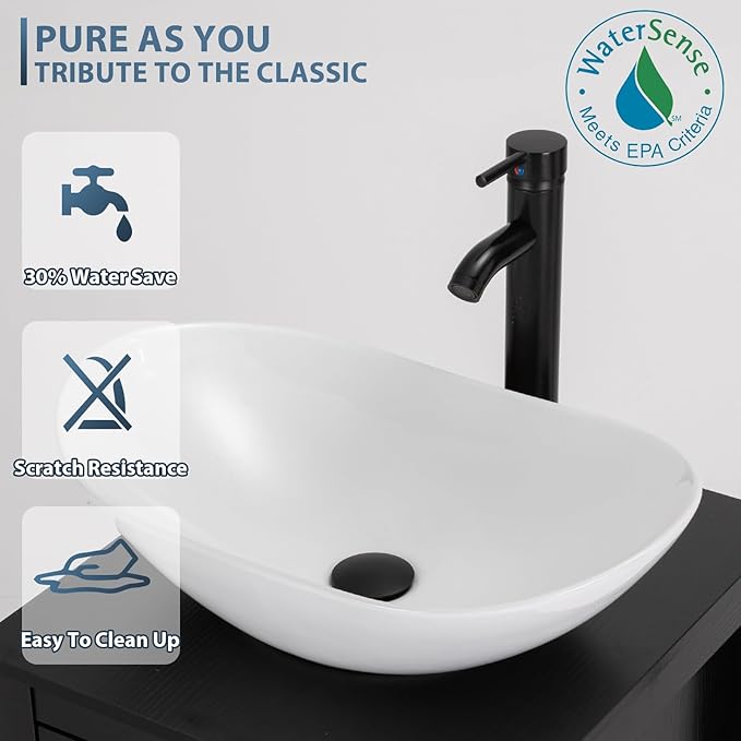 eclife 72" Modern Bathroom Vanity Sink Combo Freestanding Cabinet with Small Side Cabinet, White Boat Ceramic Vessel Sink, Water Save Faucet, Drain (Black+T44)