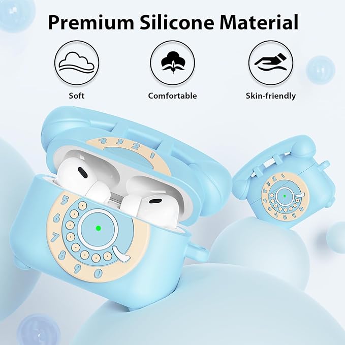 KOREDA for AirPods Pro 2nd/1st Generation Case Cover with Cleaner Kit & Lanyard, Cute Funny Telephone Design Silicone Protective Case for AirPods Pro 2 - Sky Blue
