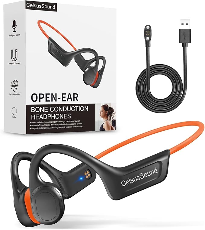 Bone Conduction Headphones, Open Ear Wireless Bluetooth 5.3 Headphones, IPX7 Waterproof Sports Earbuds with Microphone, 10HR Playtime, Lightweight Headset for Running,Workout,Gym(Orange)