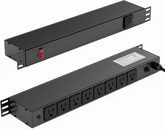 8 Outlet Horizontal 1U Rack Mount PDU Power Strip with Surge Protector - 110V/15A - 6ft Power Cord for Network Server Racks (PDU-03)