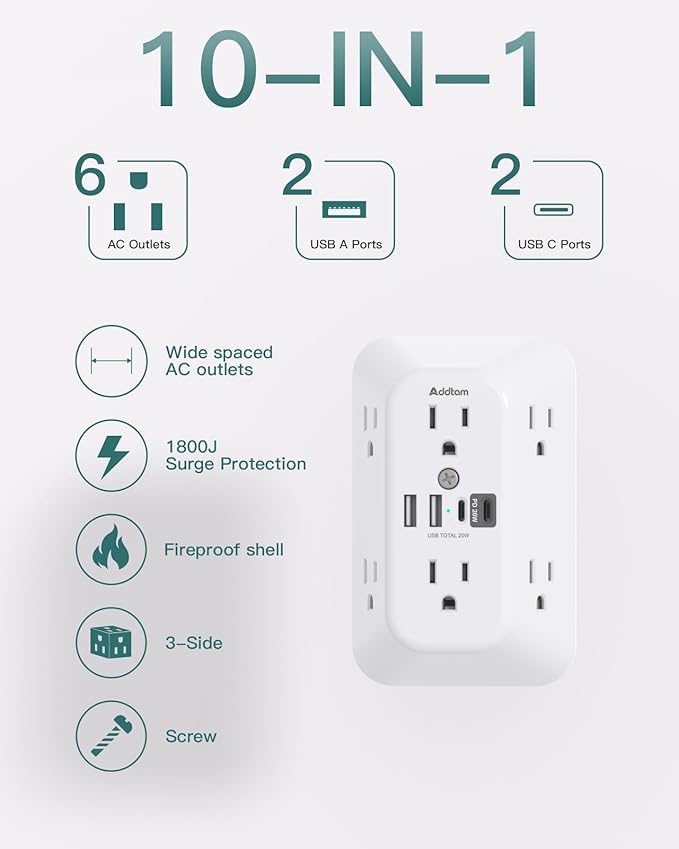 Addtam Surge Protector Outlet Extender, 6-Outlet Splitter with 4 USB Wall Charger(PD 20W), Multi Plug Wall Outlet 1800J Power Strip for Home Office Dorm Room Essentials, White