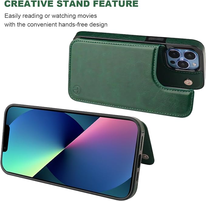 ONETOP Compatible with Magsafe for iPhone 13 Pro Max Wallet Case with Card Holder, PU Leather Kickstand RFID Blocking Case, Double Magnetic Clasp and Durable Shockproof Cover 6.7 Inch (Green)