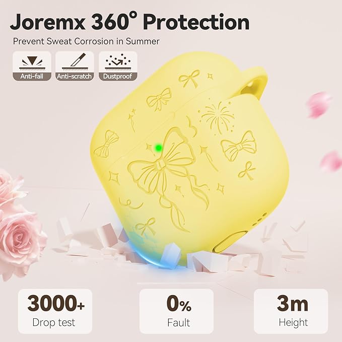 for Airpods 4 Case Cover, Joremx Cute Bow Engraved Silicone Protective Case Cover with Keychain, Cleaner Kit for AirPods 4th Generation Case 2024 (Yellow)