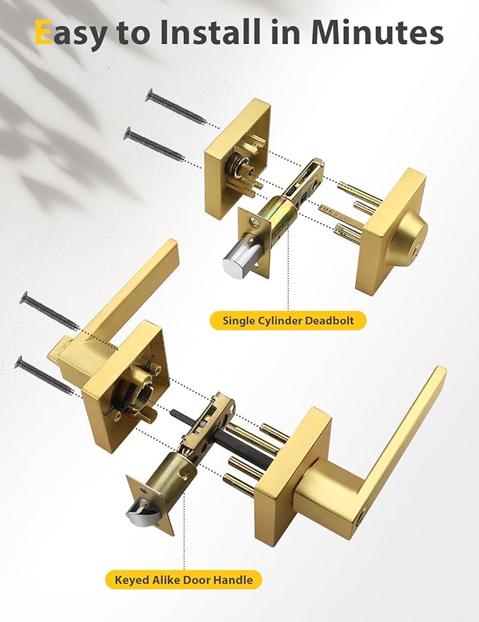 6 Pack Brushed Gold Keyed Alike Front/Exterior Door Lever with Single Cylinder Deadbolt, Satin Brass Entry Door Knob Lock Set Combo Sets, for Entrance/Front and Office Doors