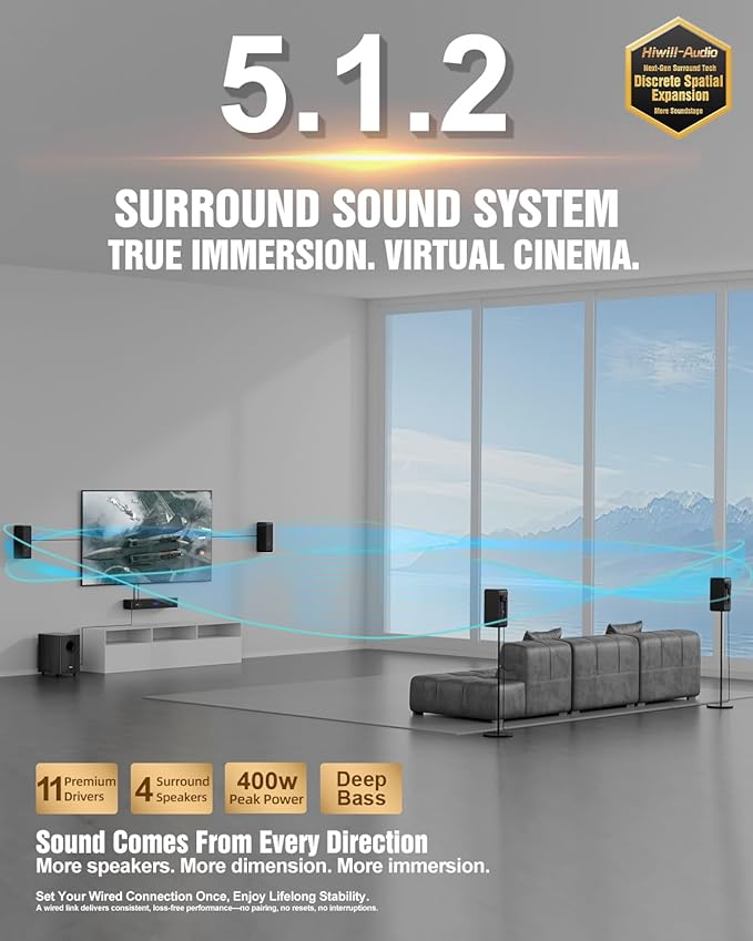 Wooden 5.1.2 Virtual Surround Sound System, 4 Surround Speakers Wired, 400W Peak Power, Sound Bars for Smart TV w/Subwoofer, 5.25'' Deep Bass, Home Theater TV System, ARC/OPT/BT/AUX, HiPulse N512