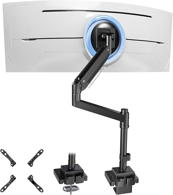 Single Monitor-Arm Heavy Duty for 24-57-inch - Ultrawide Aluminum Single Pole Monitor Mount,Fully Adjustable, Ideal for Gaming, Office & Home Use, Max Load 59.4lbs, VESA 75/100/200 mm, Black
