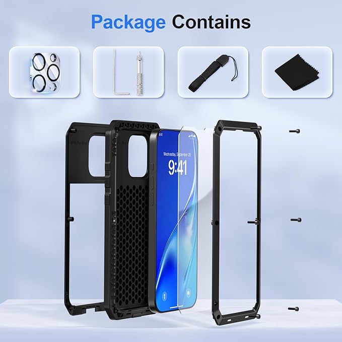 Mitywah Metal Case for iPhone 16 Pro Max, Heavy Duty Rugged Phone Case Built-in 9H Temperd Screen Protector,Military Grade Full Body Protective Dual Layer Bumper Protective Case for 16 Pro Max Black