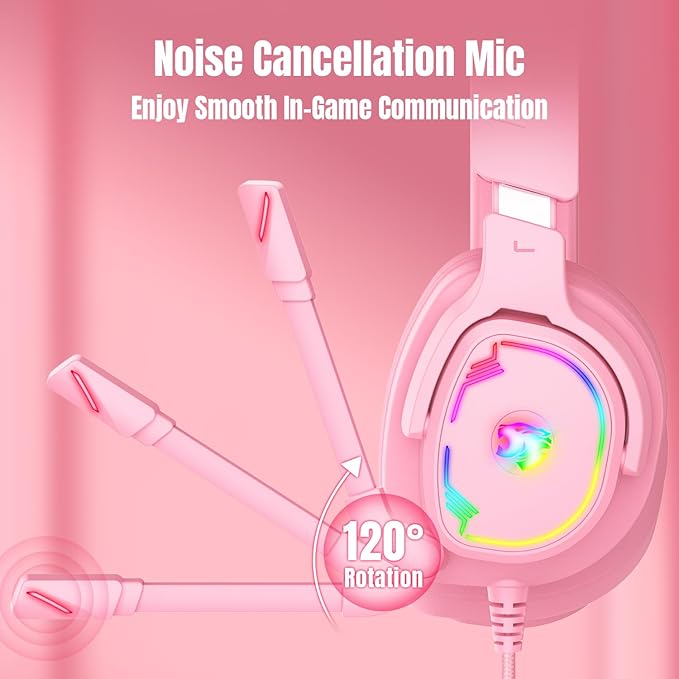 Gaming Headset for PC/PS4/PS5/Xbox One/Switch, Stereo Surround Sound Gaming Headphones with Noise Canceling Flexible Mic, Computer Headset with 3.5mm Jack & RGB Light (PinkCat)