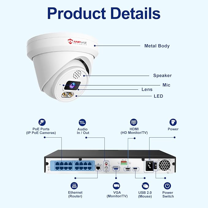 Anpviz 6MP PoE Camera, Turret 6MP UltraHD IP Camera Outdoor with Mic & Speaker, 100FT Smart Color Night Vision, PoE Security Cameras with AI Human Vehicle Detection, MicroSD Slot (U Series)
