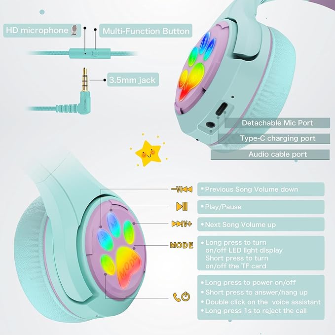 Riwbox CF9 Cat Ear Kids Bluetooth Headphones with LED Light Up,Safe 85dB Volume Limit,Built-in Mic&Boom Mic for Calls,Kids Wireless&Wired Headphones for Tablet/Airplane/School/Online Learning (Green)