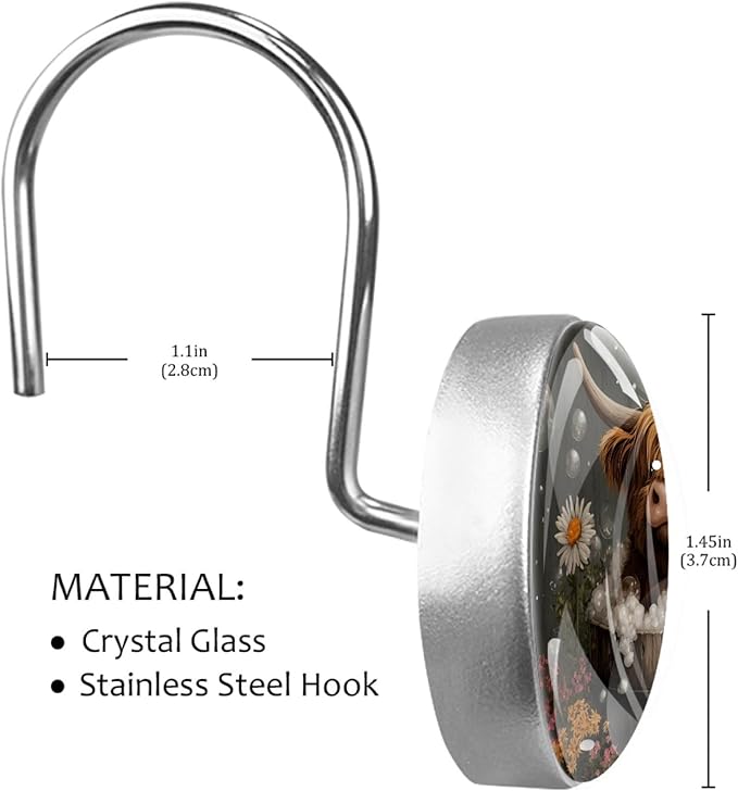 Rural Bathing Highland Cow Shower Curtain Hooks 12Pcs, Decorative Rust Resistant Shower Rings for Shower Curtain Rods, Stainless Steel Round Curtain Hooks for Bathroom, Bedroom, Farmhouse