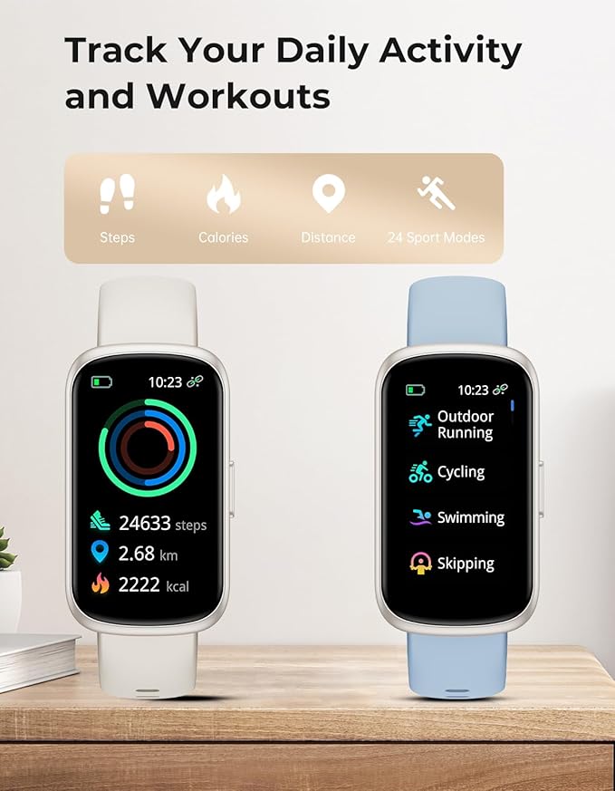 Fitness Tracker with 24/7 Heart Rate Monitor, Sleep Tracker - 3 ATM Waterproof Fitness Watch Calorie Step Counter Smart Watch Includes 3 Sport Bands for Android iOS Women Men, Starlight/Blue