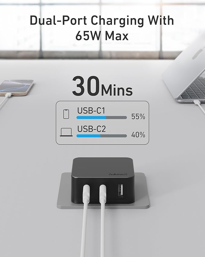 Nekmit 67W Flat USB C Charger Block, 3-Port GaN Fast Wall Charger(2*USB-C & 1*USB-A), USB C Wall Plug with Fixed Prongs for iPhone 17/16 Series, MacBook Pro/Air, iPad, Galaxy and More