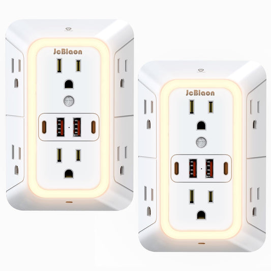 Outlet Extender with Night Light, Multi Plug Outlet Surge Protector,6 Outlet Splitter with 4 USB Outlet (2 USB A,2 USB C) 3 Sided Multi Plug Wall Adapter Power Strip for Home Travel Office 2 Pack