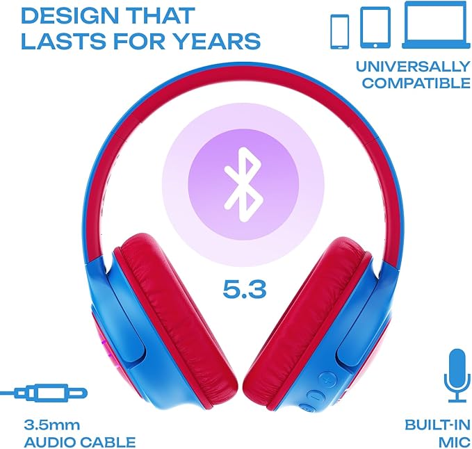 PowerLocus Kids Wireless Headphones, Bluetooth Kids Headphones LED Lights Over Ear with 74/85/94dB Volume Limited, 45H Playtime,Built-in Mic, Two Device Share Mode, HD Stereo for Travel/PC/Tablet