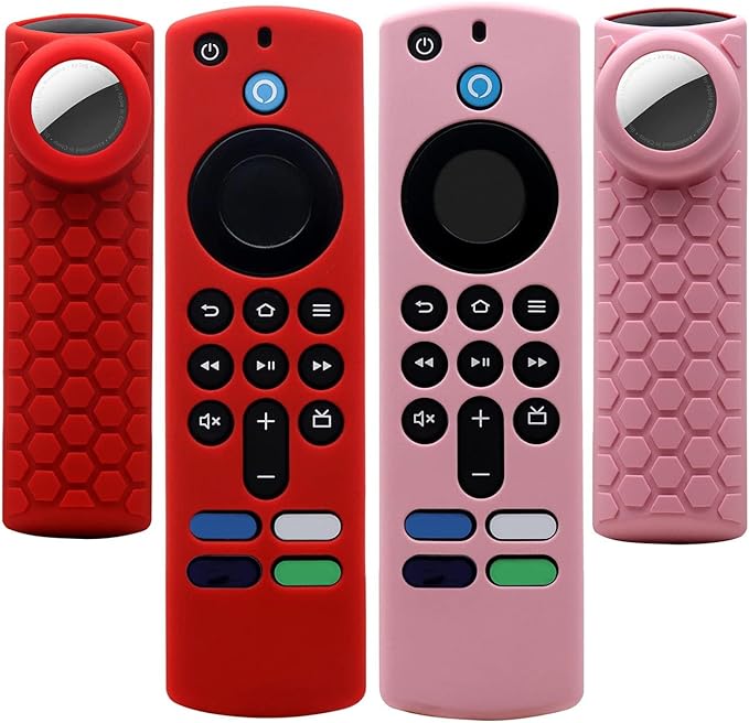 [2 Pack] Compatible for Alexa Voice Remote 3rd Gen Cover with Airtag Holder,Cover for TV Stick 4k Max 3rd Gen with Holder Compatible for Airtag,for Tile Sticker,Red and Pink