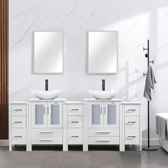 eclife 84" Modern Bathroom Vanity Sink Combo Freestanding Cabinet with Small Side Cabinet, White Boat Ceramic Vessel Sink, Water Save Faucet, Drain (White+T44)
