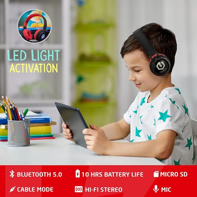 PowerLocus Kids Headphones Wireless, Bluetooth Headphones for Kids Over Ear, LED Lights, 85dB Safe Volume Limit, Foldable, Micro SD Mode, Built-in and Line-in Microphone for Phones,Tablets,Laptop
