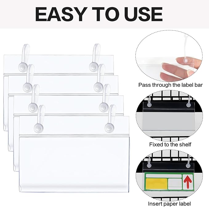 100 Packs Plastic Basket Label Holder, 4 x 2.2 Inch Wire Shelf Ticket Holder with Double Snap Lock Closure, Reusable Price Tag Holder for Supermarket, Pantry, Warehouses, Retail Shop