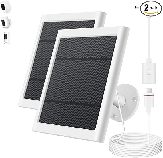 Solar Panel for Ring Camera, 2 Pack 4W Solar Charger with 10FT Cable, USB-C to Barrel Plug Adapter, Compatible with Ring Stick Up Cam Battery/Pro, Spotlight Cam Battery/Plus/Pro, Reolink Argus Pro