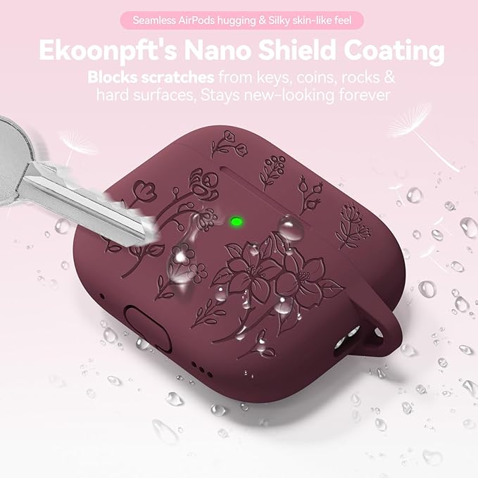 for Airpods Pro 3 Case, Flower Engraved Case Cover Compatible with AirPods Pro 3rd Generation 2025, Soft Silicone Cases with Cute Keychain & Cleaner for Women Girly, Shockproof