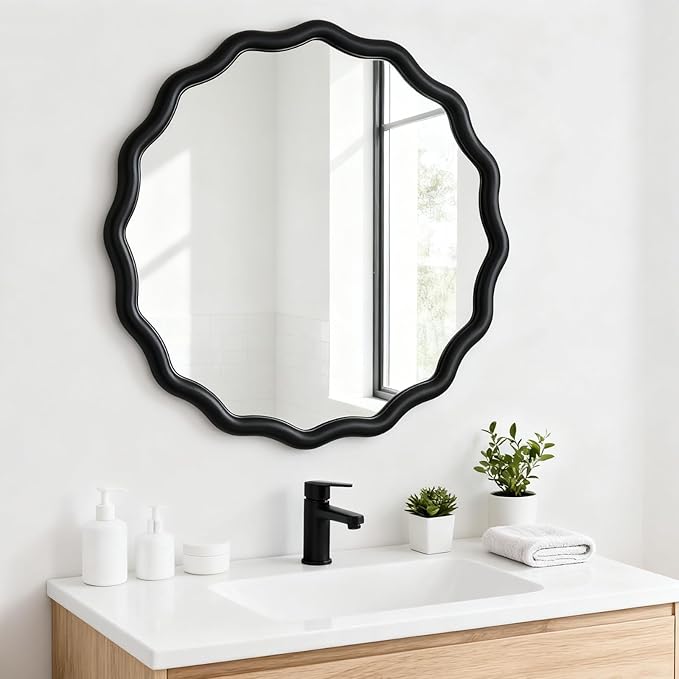 Circle Scalloped Mirror for Wall,32" Round Wavy Wooden Frame Vanity Mirror Hanging for Bedroom, Living Room, Hallway, Entryway, Home Decor Black