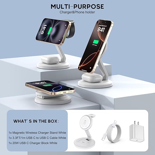 Charging Station for Apple Magnetic Wireless iPhone Mag-Safe Charger,15W 3in1 Foldable Wireless Dock Fast MagSafe Charger Stand for iPhone 17 Pro Max/16 Plus/16 ProMax/15/14/13,Apple Watch,AirPods Pro