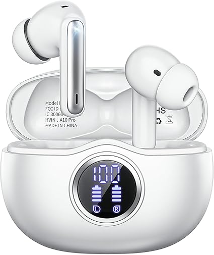 Wireless Earbuds, Bluetooth 5.3 Headphones HiFi Stereo 50H Playback LED Digital Display Ear Buds with ENC Noise Canceling Headset, IPX7 Waterproof Earphones for Gym/Running/Work（White）
