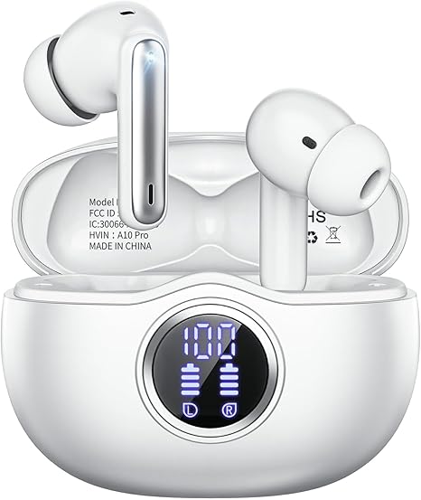 Wireless Earbuds, Bluetooth 5.3 Headphones HiFi Stereo 50H Playback LED Digital Display Ear Buds with ENC Noise Canceling Headset, IPX7 Waterproof Earphones for Gym/Running/Work（White）