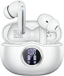 Wireless Earbuds, Bluetooth 5.3 Headphones HiFi Stereo 50H Playback LED Digital Display Ear Buds with ENC Noise Canceling Headset, IPX7 Waterproof Earphones for Gym/Running/Work（White）