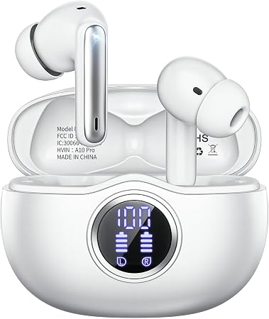 Wireless Earbuds, Bluetooth 5.3 Headphones HiFi Stereo 50H Playback LED Digital Display Ear Buds with ENC Noise Canceling Headset, IPX7 Waterproof Earphones for Gym/Running/Work（White）