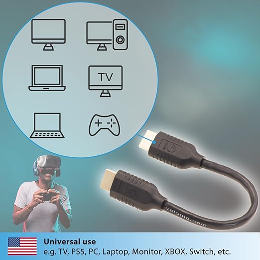 valonic Short HDMI Cable - 0.6 ft, 4k, high Speed, Ultra HD, ethernet - Compatible with Nintendo, PS5, TV, PS4, Xbox, Black, Small, Thin