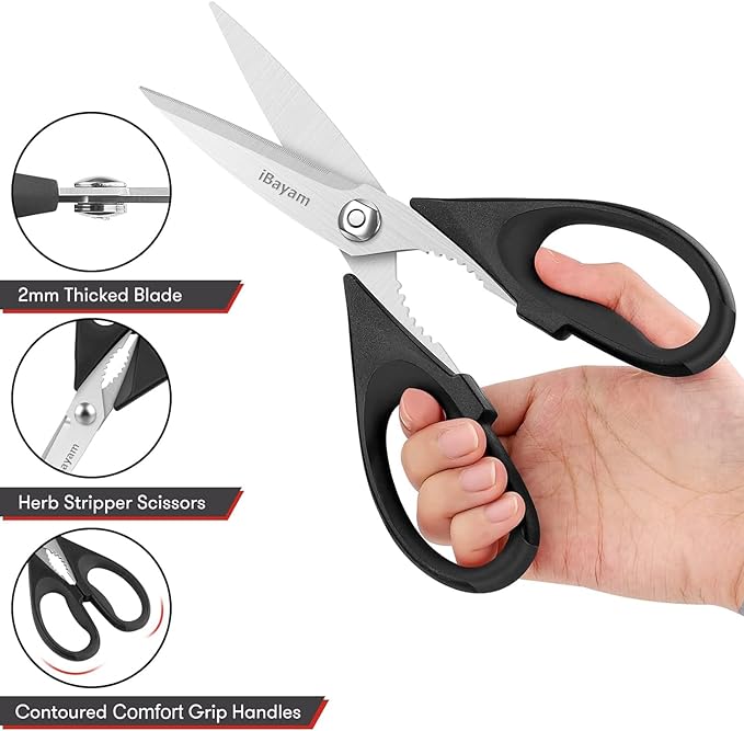 Kitchen Shears, iBayam Kitchen Scissors All Purpose Heavy Duty Meat Poultry Shears, Dishwasher Safe Food Cooking Stainless Steel Utility Scissors, Home Apartment Essentials, 2-Pack, Black, Aqua Sky
