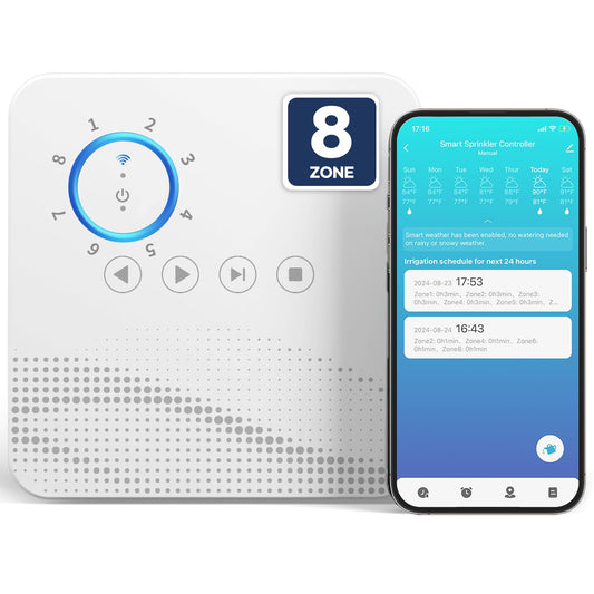 Smart Sprinkler Controller WiFi with External Antenna 8 Zone , Strong Signal Irrigation Timer, App & Panel Dual Control, Indoor Watering System with Weather Intelligence, 24VAC Compatible