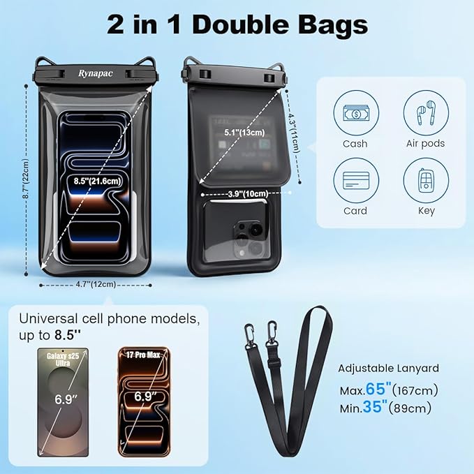 IPX8 Waterproof Phone Pouch Floating, [Up to 8.5''] Double Space Waterproof Phone Case with Lanyard for iPhone 17 16 15 Pro Max, Cell Phone Dry Bag for Beach Travel Cruise Ship Essentials