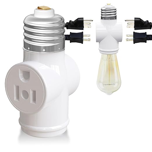 Light Socket Adapter, Convert E26 Light Socket to 3-Prong Outlet Adapter and Light Bulb Socket, 1 Pack(White)