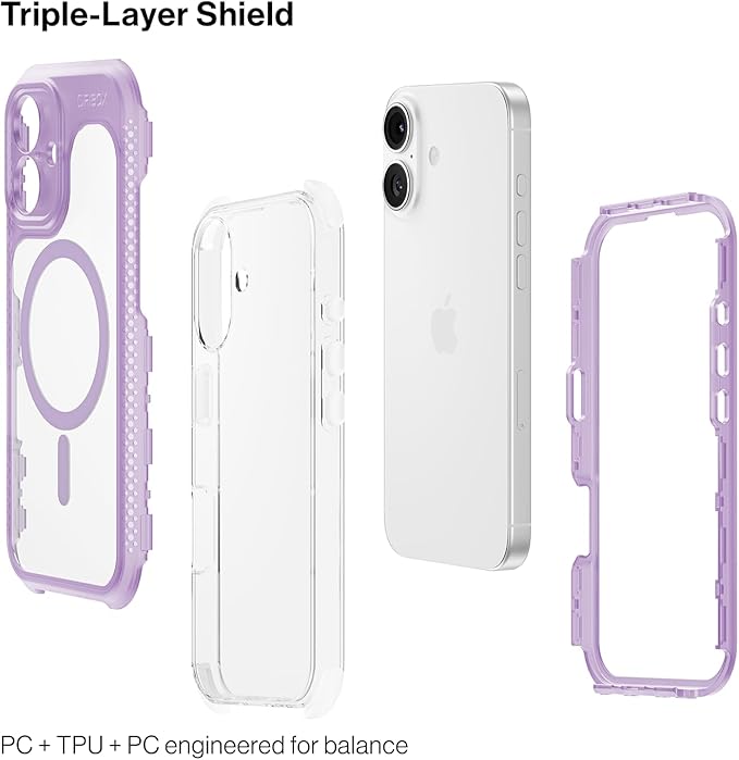 ORIbox Seralyn Series for iPhone 16 Case - MagSafe Compatible, Triple-Layer Shockproof Protection, Crystal-Clear Back with Elegant Matte Frame(6.1", Lilac Dream)