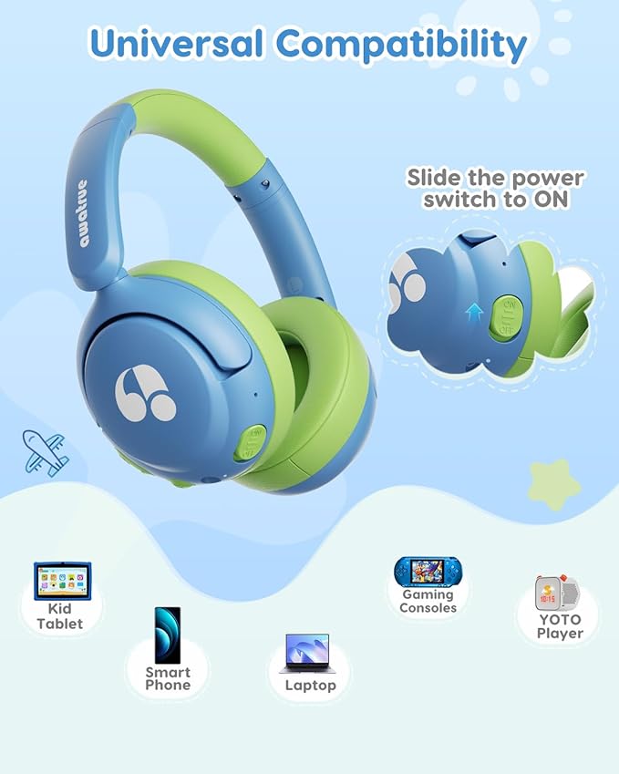 Kids Bluetooth Headphones, 85dB Volume Limiter, Foldable Wireless Over-Ear Headphones for iPad, Travel, 75H Playtime, Bluetooth 5.4, Built-in Mic, Blue Green