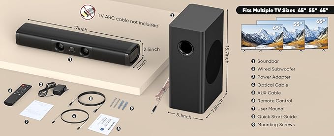 Sound Bar for Smart TV,3.1ch Soundbar with Wired Subwoofer,100W Deep Bass, TV-ARC/Optical/AUX/Bluetooth 5.3 Connect, Surround Sound System for TV PC/Gaming/Projectors