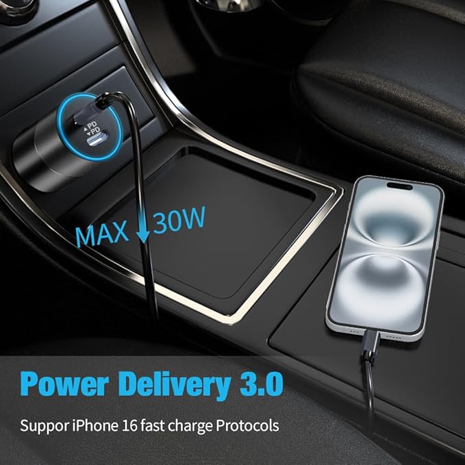 60W Fast USB C Car Charger, Dual 30W PD 3.0 Charging Port Cigarette Lighter Adapter for iPhone 17 Pro Max 16 15, iPad, Google Pixel 10 9, Samsung Galaxy S26 S25, Android Phone with 3.3ft Type C Cable